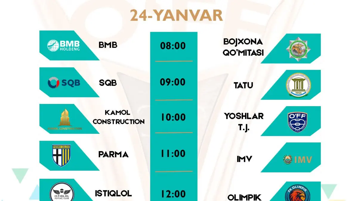 Futzal. “O‘FF Prezidenti kubogi”ning 9-tur uchrashuvlari 24-yanvar kuni bo‘lib o‘tadi